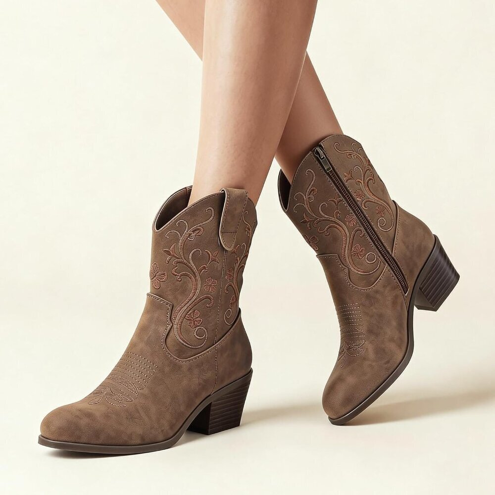 Woman's Brown Rubber Cowgirl Floral Embroidery Stylish Classic Comfortable Boots - Picture 2 of 6